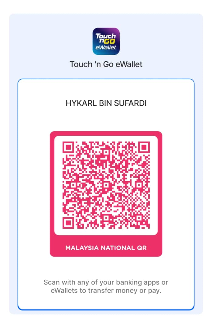 Touch ’n Go DuitNow QR supplied by Hykarl. Recipient: HYKARL BIN SUFARDI. Enter RM12.99 in your payment app.